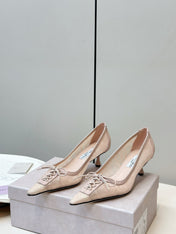 JIMMY CHOO 26S LACE-UP HEELS IN LIGHT NUDE PINK LACE AND LAMBSKIN