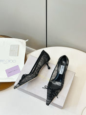 JIMMY CHOO 26S LACE-UP HEELS IN BLACK LACE AND LAMBSKIN