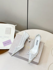 JIMMY CHOO 26S LACE-UP HEELS IN WHITE LACE AND LAMBSKIN