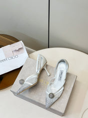 JIMMY CHOO 26S POINTED-TOE HIGH HEELS IN WHITE CRYSTAL EMBELLISHMENT
