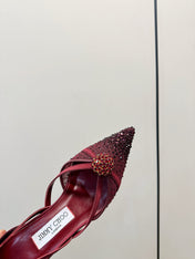 JIMMY CHOO 26S POINTED-TOE HIGH HEELS IN DARK RED CRYSTAL EMBELLISHMENT