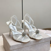 JIMMY CHOO 26S HEELED SANDALS 100 MM IN WHITE CRYSTAL EMBELLISHMENT