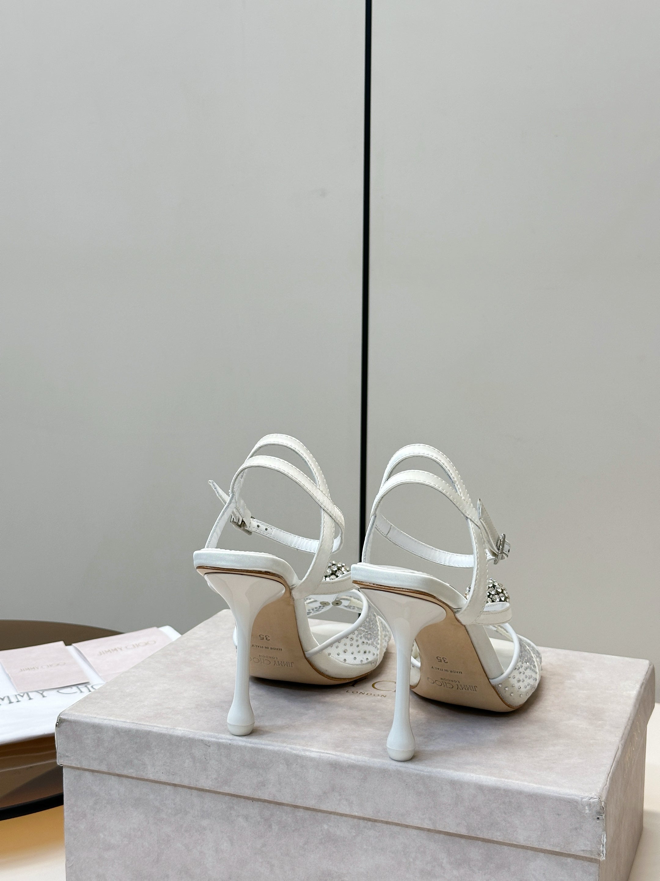 JIMMY CHOO 26S HEELED SANDALS 100 MM IN WHITE CRYSTAL EMBELLISHMENT