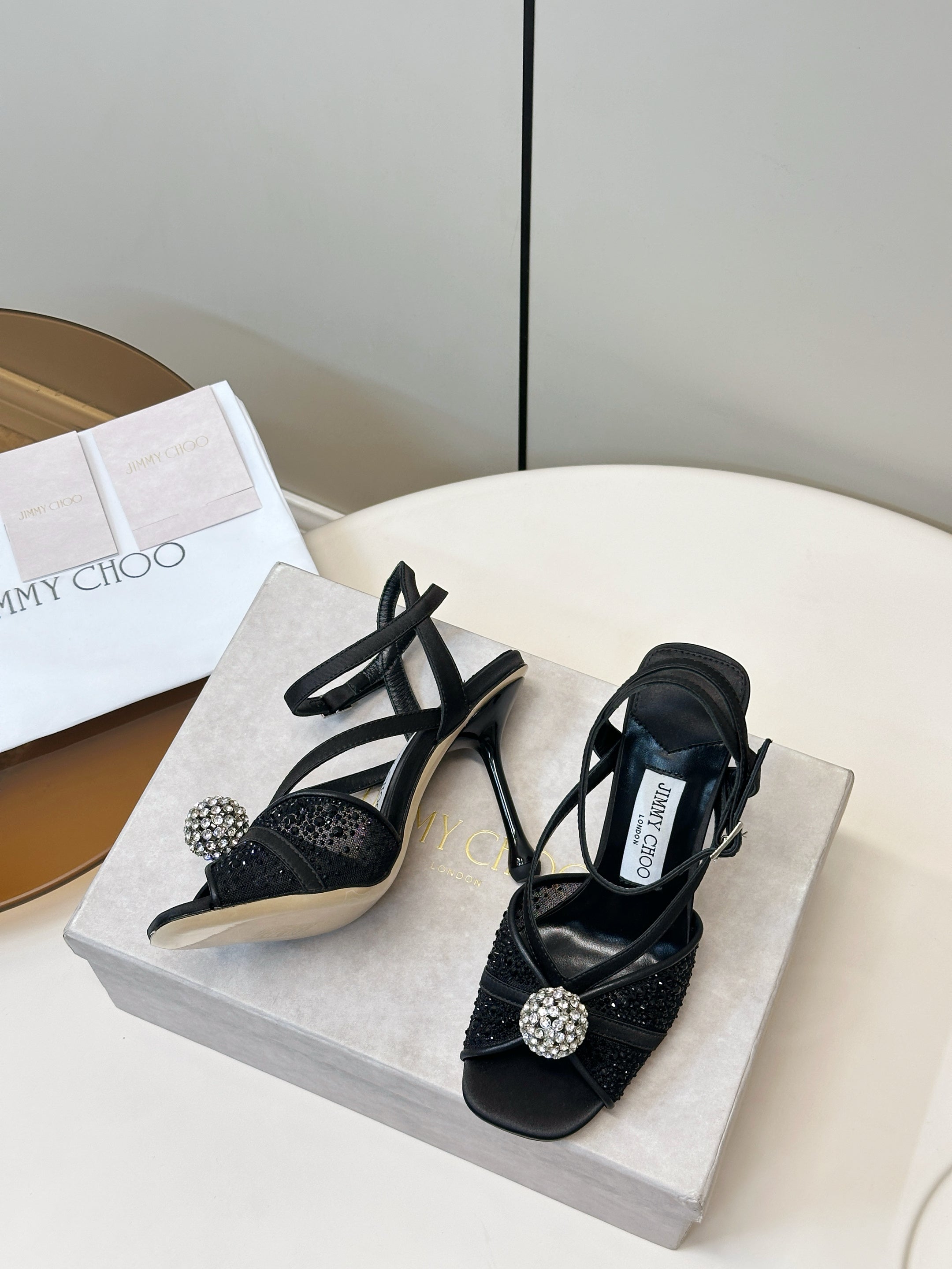 JIMMY CHOO 26S HEELED SANDALS 100 MM IN BLACK CRYSTAL EMBELLISHMENT