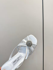 JIMMY CHOO 26S SACORA MULE 80 MM IN WHITE CRYSTAL EMBELLISHMENT