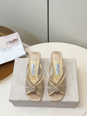 JIMMY CHOO 26S SACORA MULE 80 MM IN BEIGE CRYSTAL EMBELLISHMENT