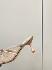 JIMMY CHOO 26S SACORA MULE 80 MM IN BEIGE CRYSTAL EMBELLISHMENT
