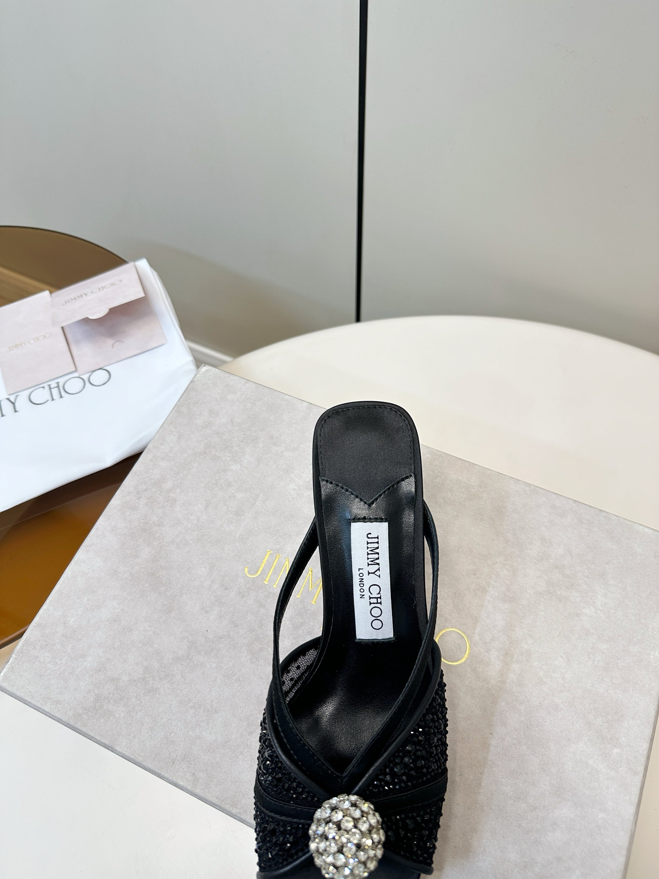 JIMMY CHOO 26S SACORA MULE 80 MM IN BLACK CRYSTAL EMBELLISHMENT