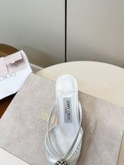 JIMMY CHOO 26S HEELED MULES 80 MM IN WHITE CRYSTAL EMBELLISHMENT