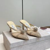 JIMMY CHOO 26S HEELED MULES 80 MM IN BEIGE CRYSTAL EMBELLISHMENT