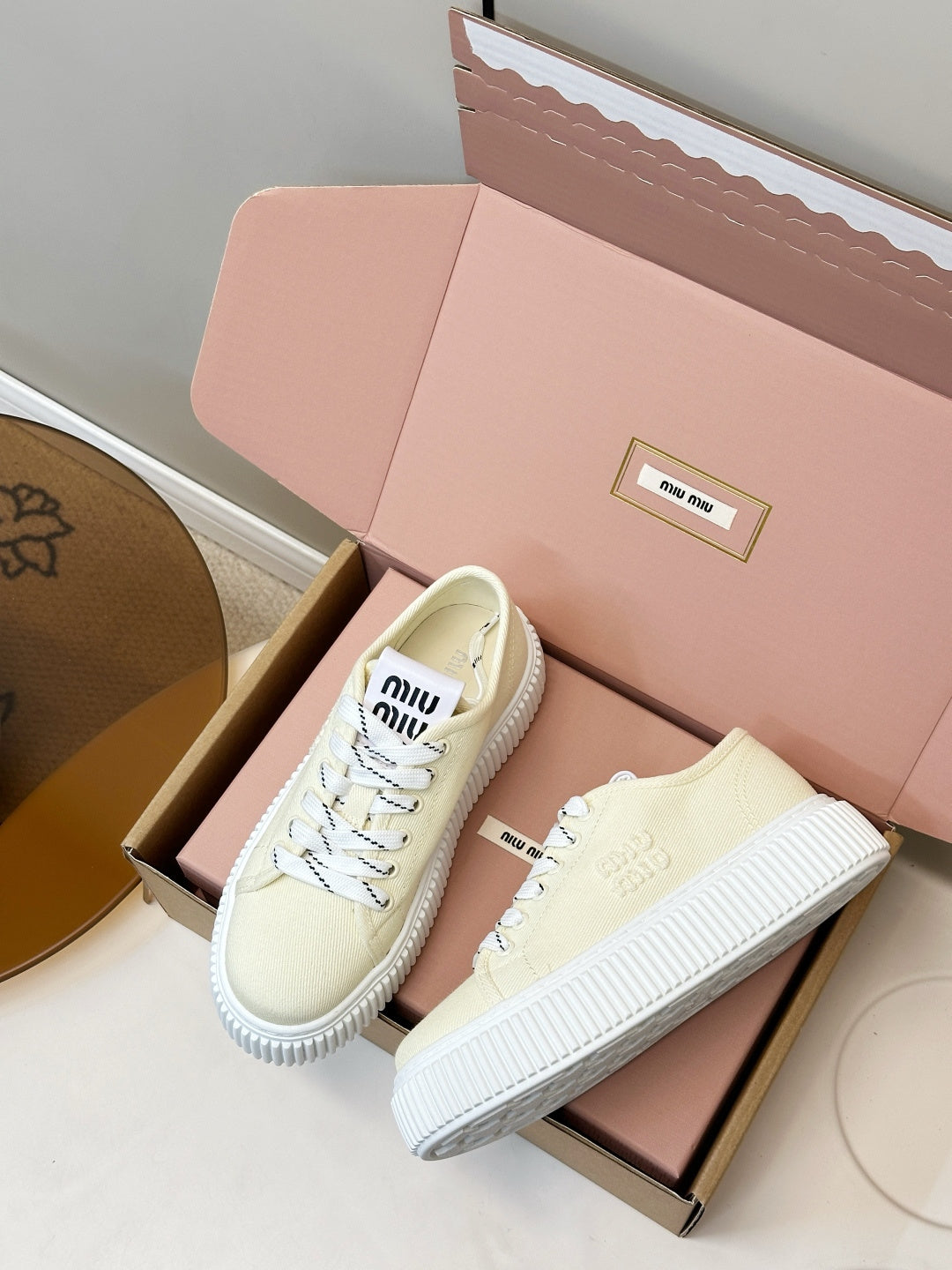MIUMIU 26S PLATFORM SNEAKERS IN LIGHT YELLOW CANVAS