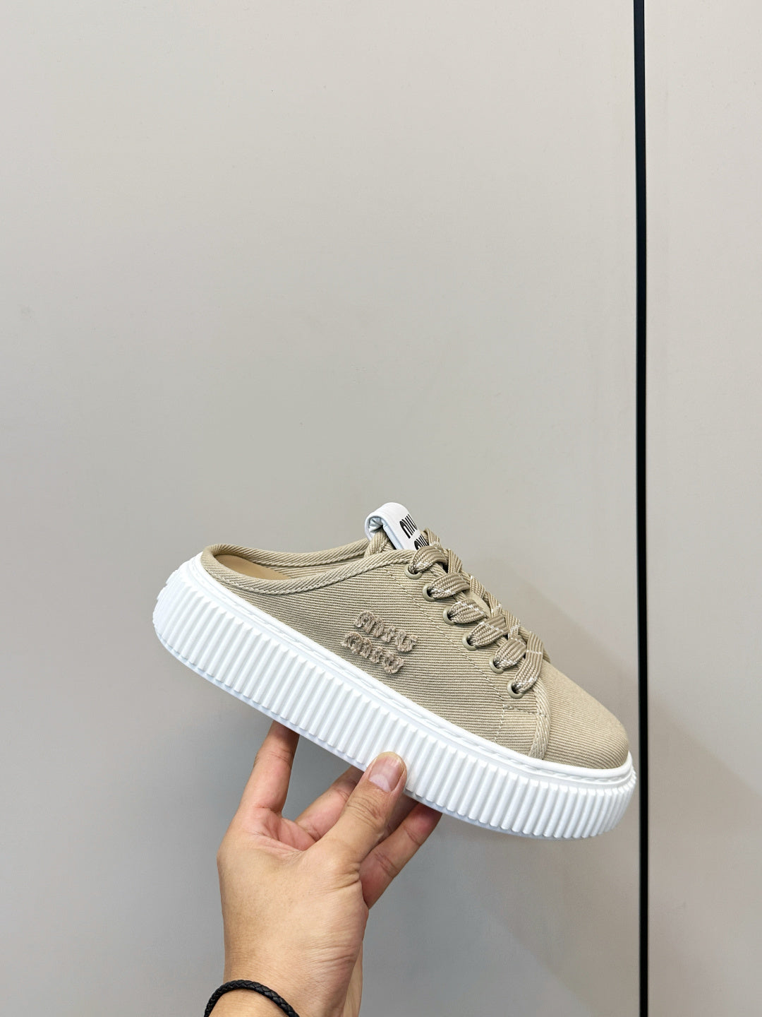 MIUMIU 26S SNEAKER MULES IN BEIGE CANVAS