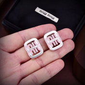 MIUMIU 26S DOUBLE LOGO PINK ENAMEL STUD EARRINGS IN SILVER TONE METAL 619138