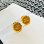 MIUMIU 26S ROUND LOGO STUD EARRINGS IN BROWN ENAMEL AND GOLD TONE METAL 626876