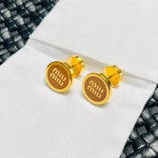 MIUMIU 26S ROUND LOGO STUD EARRINGS IN BROWN ENAMEL AND GOLD TONE METAL 626876