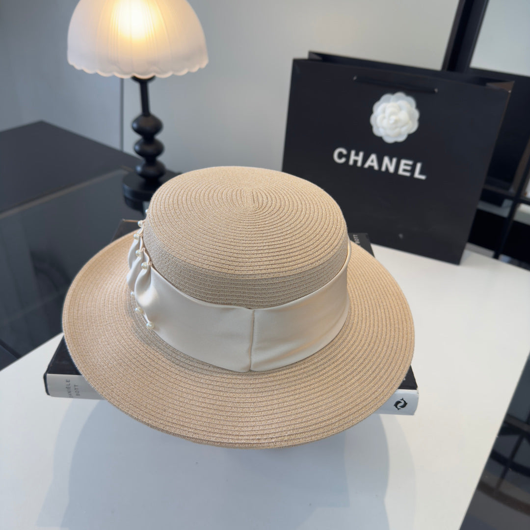 CHANEL 26S RIBBON-EMBELLISHED STRAW BOATER HAT 335893