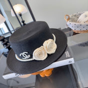 CHANEL 26S BOATER HAT FLORAL EMBELLISHMENT 338037
