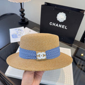 CHANEL 26S BOATER STRAW HAT WITH CRYSTAL-EMBELLISHED CC LOGO 338040