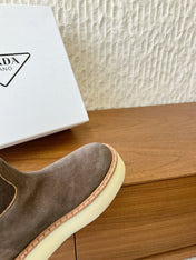 PRADA 25S ANKLE BOOTS 40 MM IN MUTED BROWN GRAY SUEDE SHEARLING-LINED