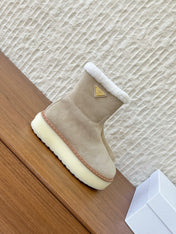 PRADA 25S ANKLE BOOTS 40 MM IN LIGHT BEIGE SUEDE SHEARLING-LINED