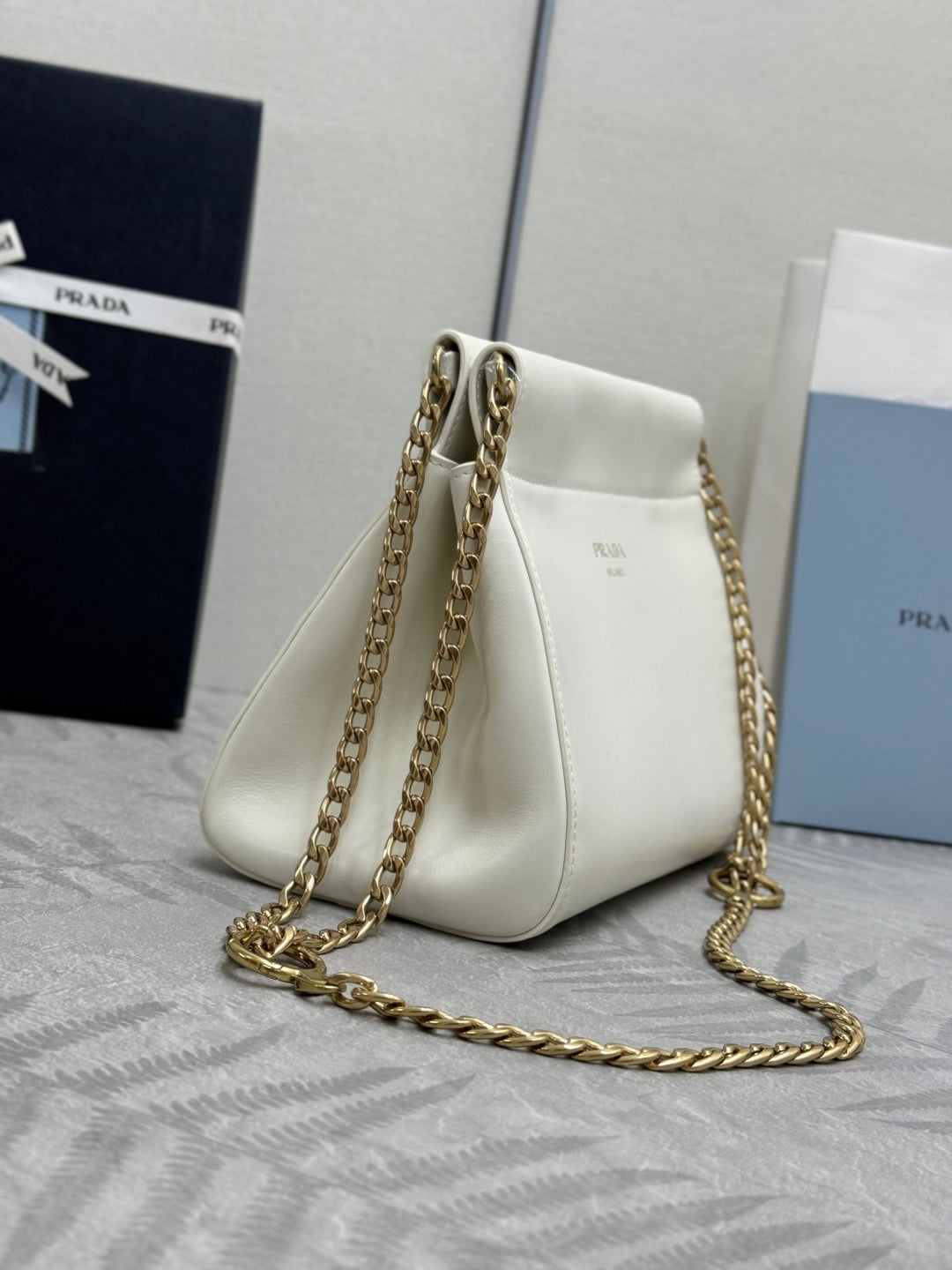 PRADA 25S ENCHAINE MINI BAG 22 IN WHITE CALFSKIN GOLD HARDWARE