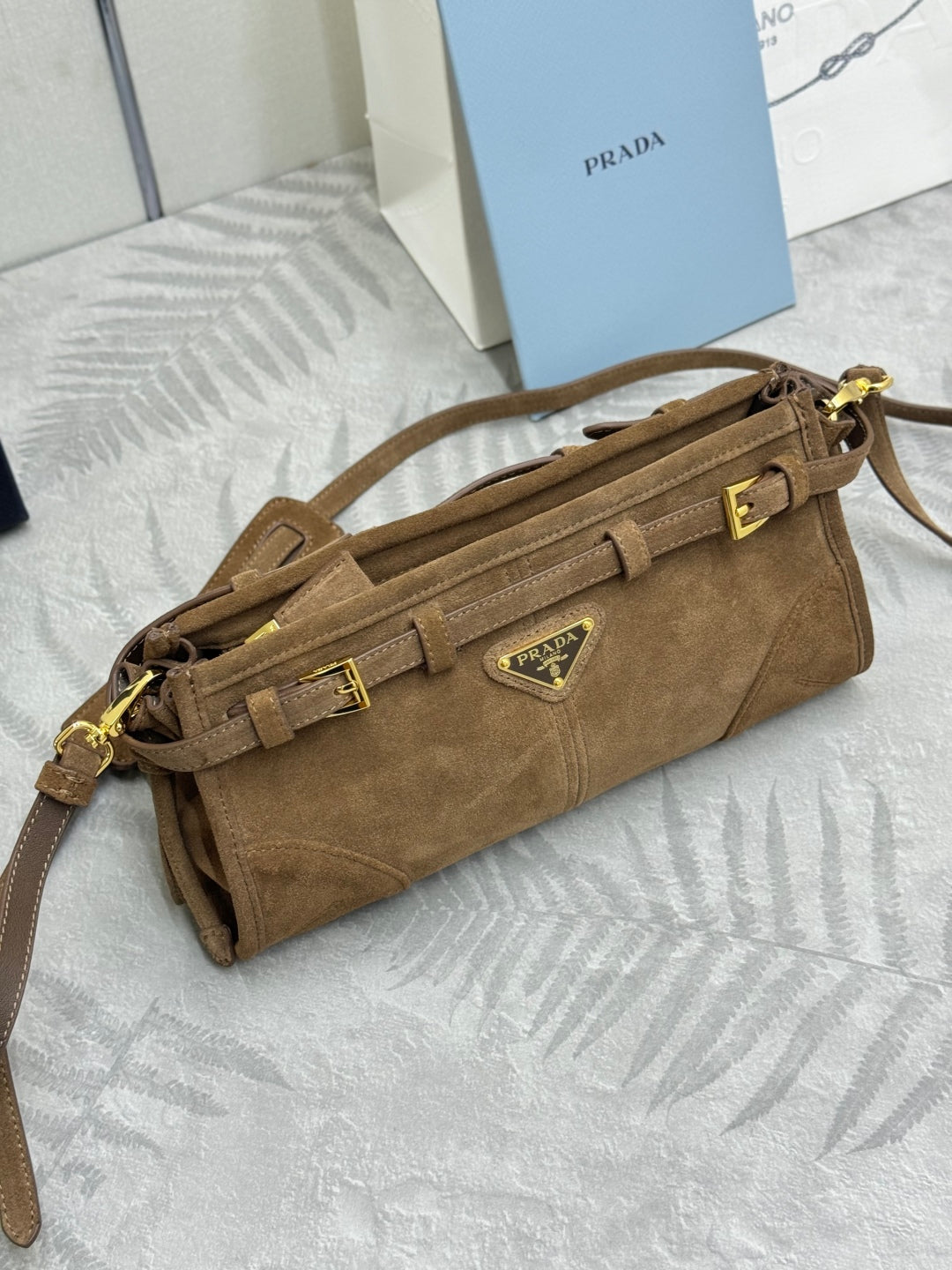 PRADA 25S BONNIE SMALL SHOULDER BAG 26 IN BROWN SUEDE GOLD HARDWRE