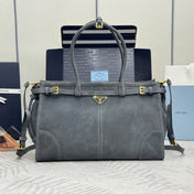 PRADA 25S BONNIE LARGE HANDBAG 38 IN DARK GRAY SUEDE GOLD HARDWARE
