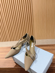 PRADA 26S SLINGBACK KITTEN HEELS 45MM IN LIGHT BROWN FABRIC STRAP BUCKLE