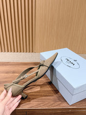 PRADA 26S SLINGBACK KITTEN HEELS 45MM IN LIGHT BROWN FABRIC STRAP BUCKLE