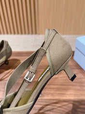 PRADA 26S SLINGBACK KITTEN HEELS 45MM IN LIGHT BROWN FABRIC STRAP BUCKLE
