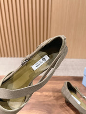 PRADA 26S SLINGBACK KITTEN HEELS 45MM IN LIGHT BROWN FABRIC STRAP BUCKLE