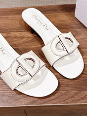 DIOR 26S LOW HEEL SLIDE SANDALS IN WHITE CALFSKIN PEARL GOLD BUCKLE