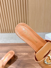 DIOR 26S LOW HEEL SLIDE SANDALS IN CARAMEL BROWN CALFSKIN GOLD PEARL BUCKLE