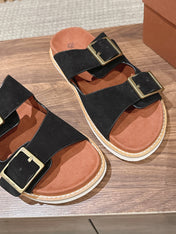LP 26S DOUBLE BUCKLE SLIDES IN BLACK SUEDE GOLD HARDWARE