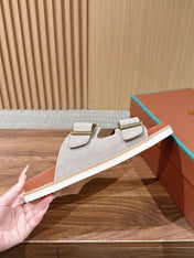LP 26S DOUBLE BUCKLE SLIDES IN LIGHT GREY SUEDE GOLD HARDWARE
