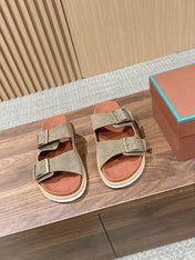 LP 26S DOUBLE BUCKLE SLIDES IN OLIVE BROWN SUEDE GOLD HARDWARE
