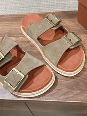 LP 26S DOUBLE BUCKLE SLIDES IN OLIVE BROWN SUEDE GOLD HARDWARE