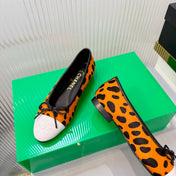 CHANEL 26S FLAT SHOES IN LIGHT ORANGE AND BLACK LEOPARD PRINT PONY HAIR
