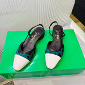 CHANEL 26S FLATS SLINGBACK SHOES IN WHITE PATENT CALFSKIN WITH TEAL PONY HAIR