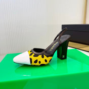 CHANEL 26S HIGH-HEEL SLINGBACKS 70 MM IN WHITE PATENT CALFSKIN WITH YELLOW PONY HAIR