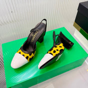 CHANEL 26S HIGH-HEEL SLINGBACKS 70 MM IN WHITE PATENT CALFSKIN WITH YELLOW PONY HAIR