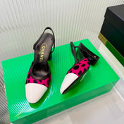 CHANEL 26S HIGH-HEEL SLINGBACKS 70 MM IN WHITE PATENT CALFSKIN WITH DARK PINK PONY HAIR