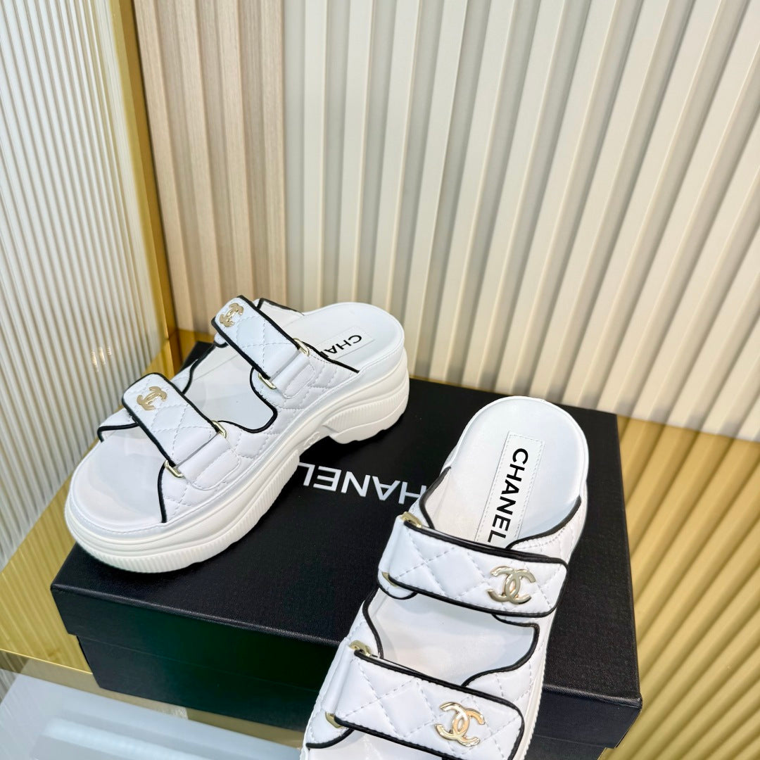 CHANEL 26S PLATFORM SANDALS IN WHITE MIX BLACK LAMBSKIN