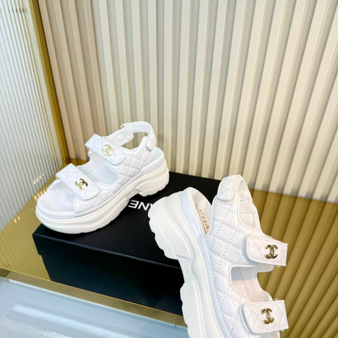 CHANEL 26S PLATFORM VELCRO SANDALS IN WHITE LAMBSKIN