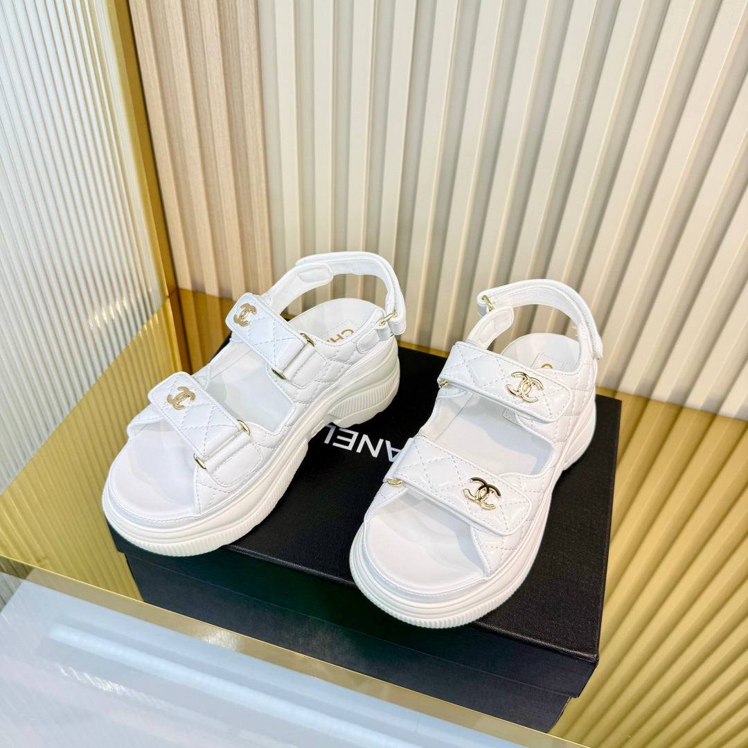 CHANEL 26S PLATFORM VELCRO SANDALS IN WHITE LAMBSKIN