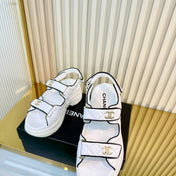 CHANEL 26S PLATFORM VELCRO SANDALS IN WHITE MIX BLACK LAMBSKIN