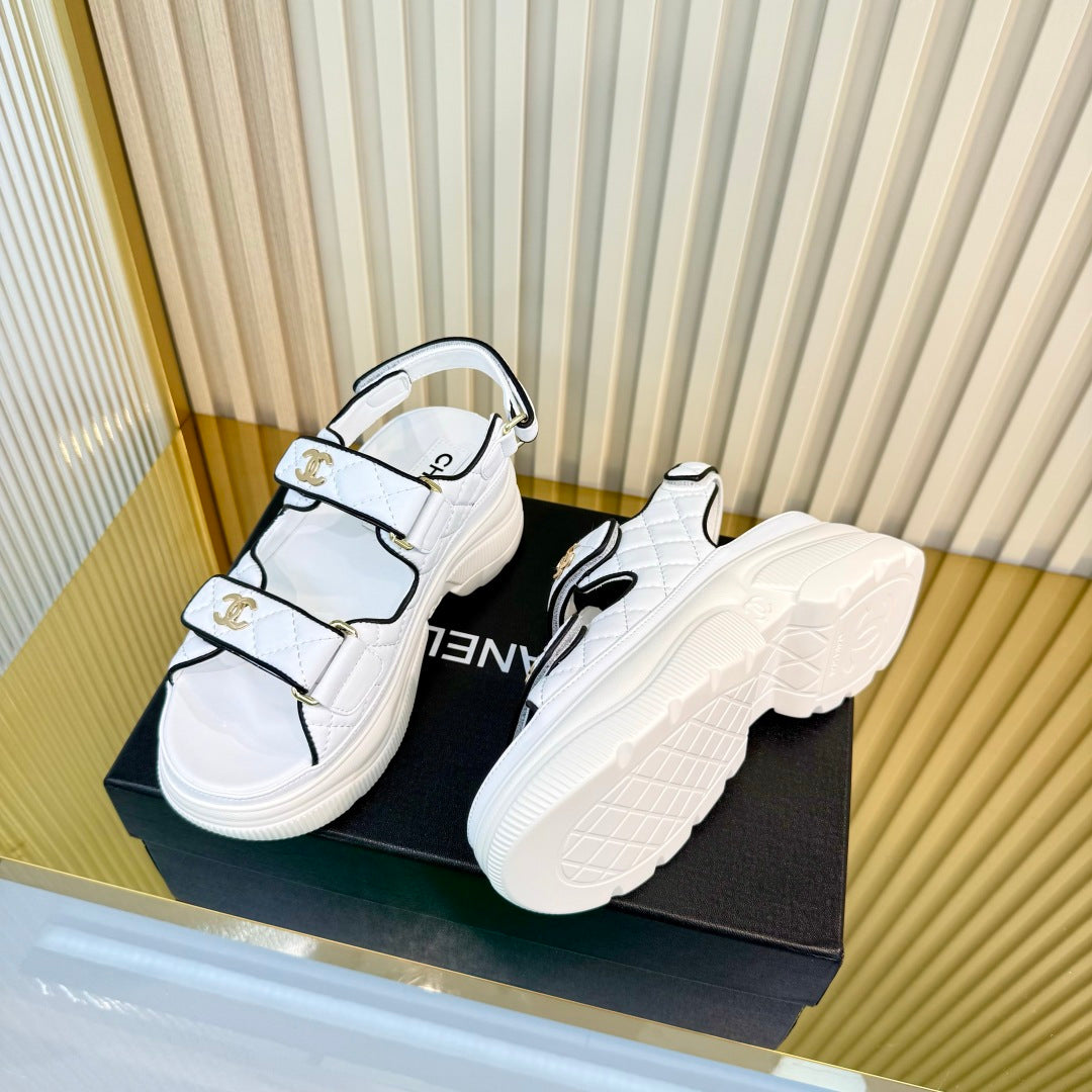 CHANEL 26S PLATFORM VELCRO SANDALS IN WHITE MIX BLACK LAMBSKIN