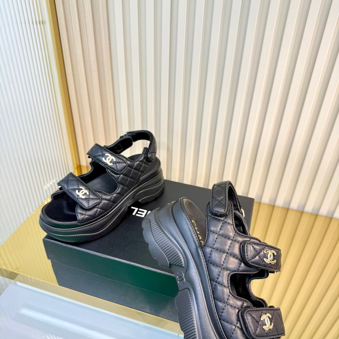 CHANEL 26S PLATFORM VELCRO SANDALS IN BLACK LAMBSKIN