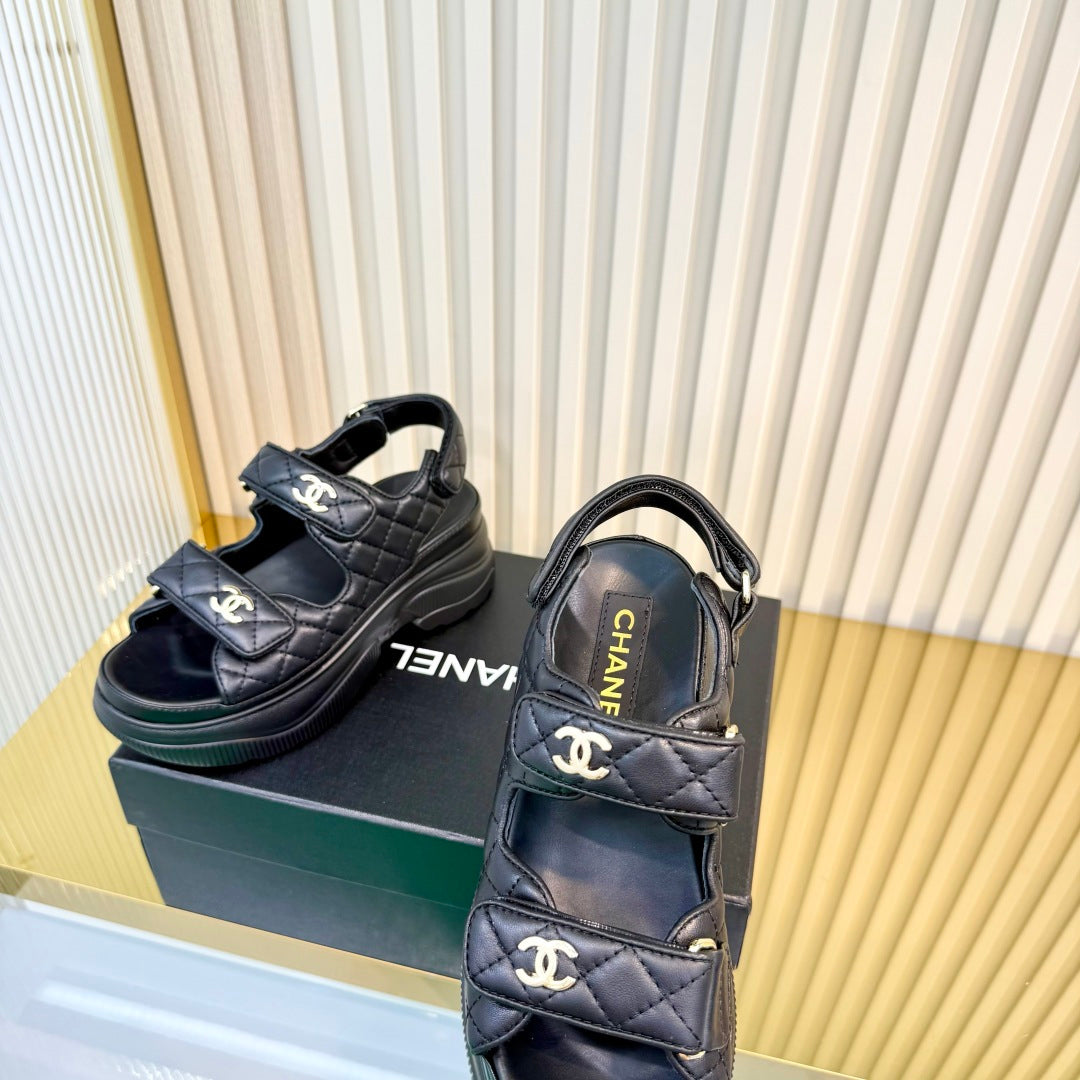 CHANEL 26S PLATFORM VELCRO SANDALS IN BLACK LAMBSKIN