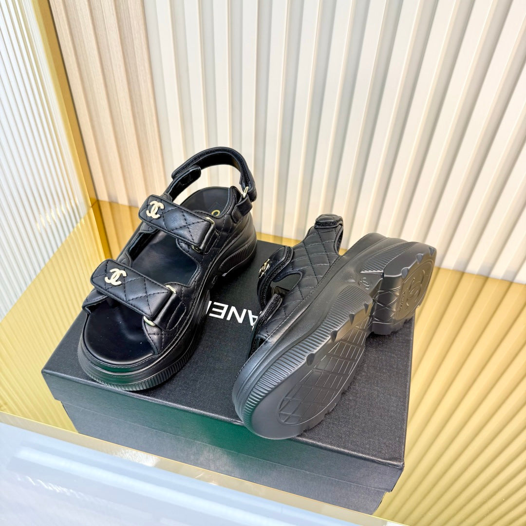 CHANEL 26S PLATFORM VELCRO SANDALS IN BLACK LAMBSKIN